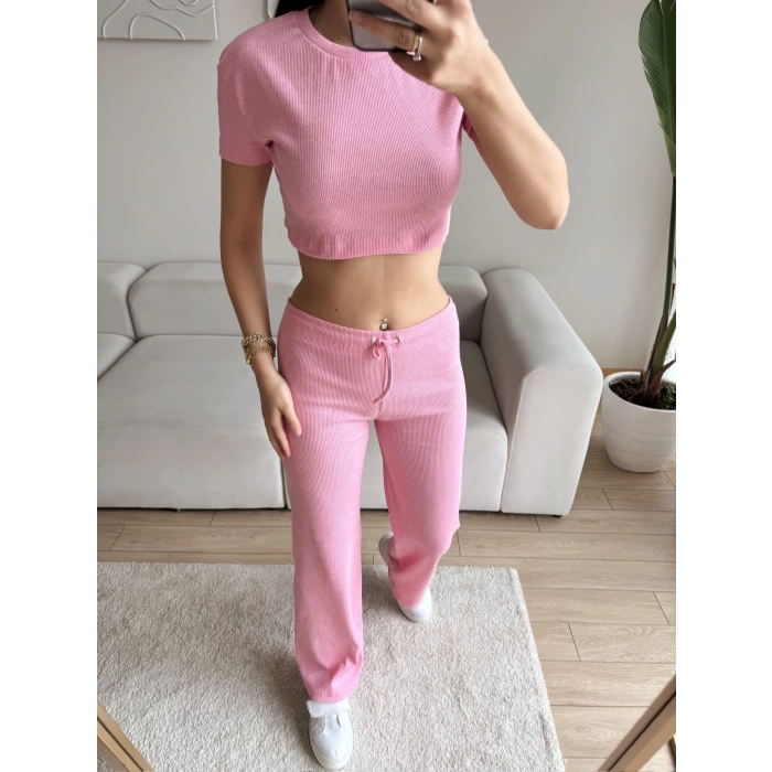 Kaşkorse Crop & Pantolon Takım - PUDRA