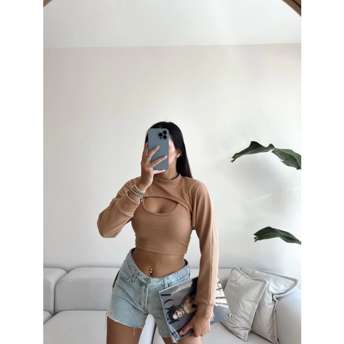 Kaşkorse İkili Crop Bluz Takım-BEJ