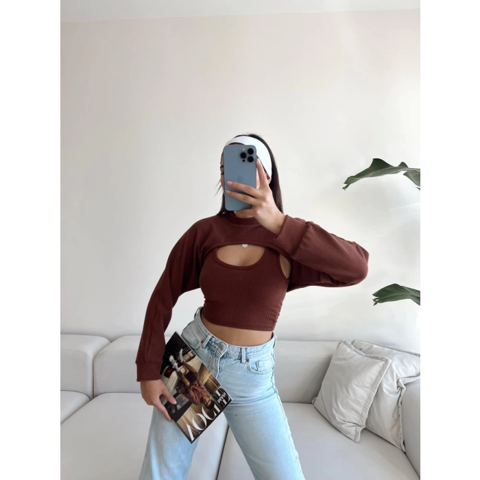Kaşkorse İkili Crop Bluz Takım-KAHVE