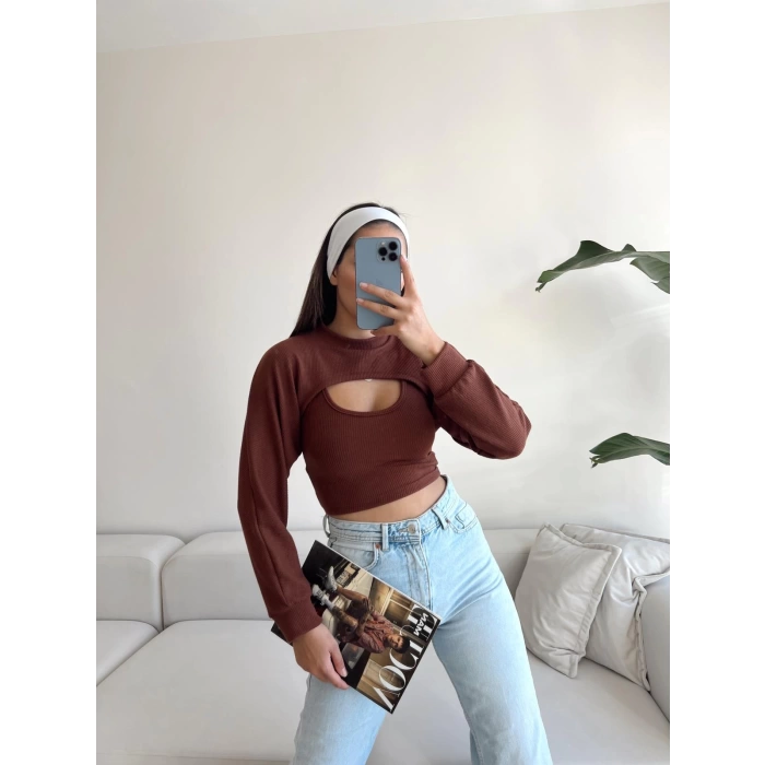 Kaşkorse İkili Crop Bluz Takım-KAHVE