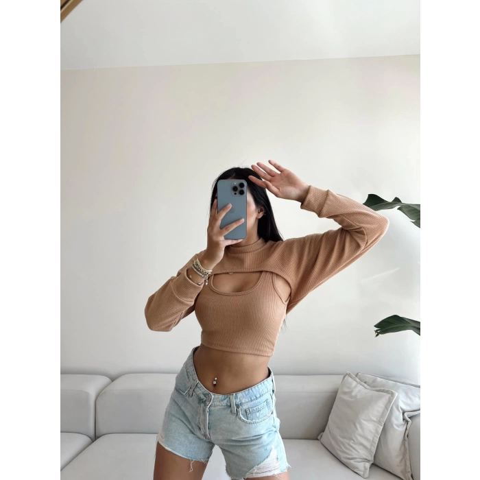 Kaşkorse İkili Crop Bluz Takım-BEJ