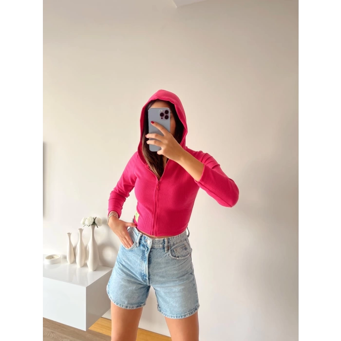 Kaşkorse Kapüşonlu Crop Hırka-FUŞYA
