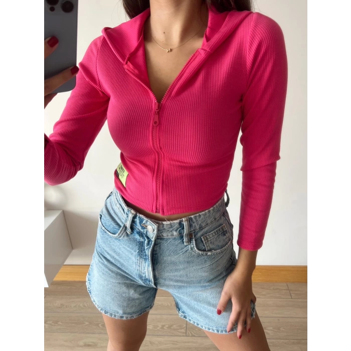 Kaşkorse Kapüşonlu Crop Hırka-FUŞYA