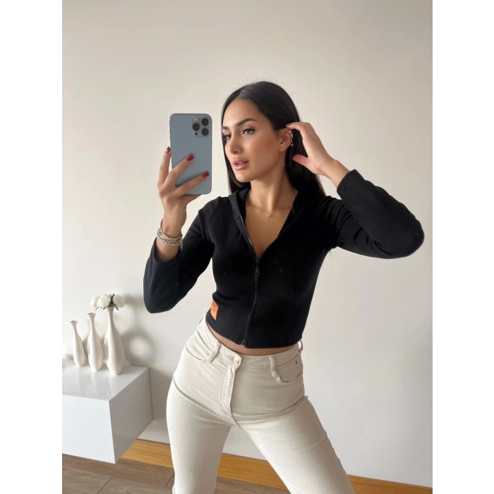 Kaşkorse Kapüşonlu Crop Hırka-SİYAH