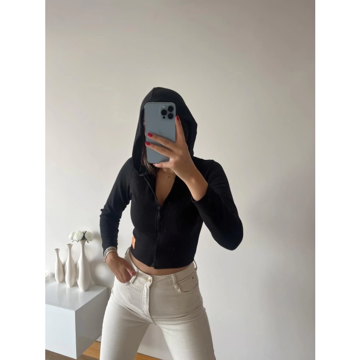 Kaşkorse Kapüşonlu Crop Hırka-SİYAH