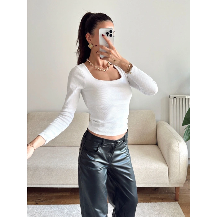 Kaşkorse Kare Yaka Crop - BEYAZ