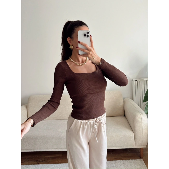 Kaşkorse Kare Yaka Crop - KAHVE