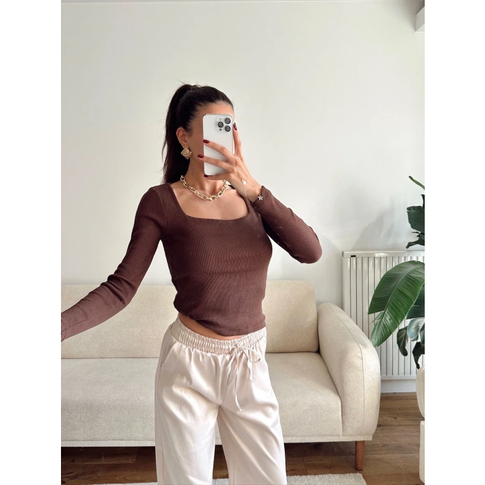Kaşkorse Kare Yaka Crop - KAHVE