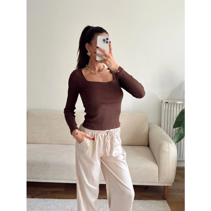 Kaşkorse Kare Yaka Crop - KAHVE