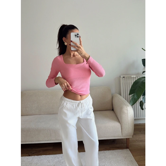 Kaşkorse Kare Yaka Crop - PEMBE