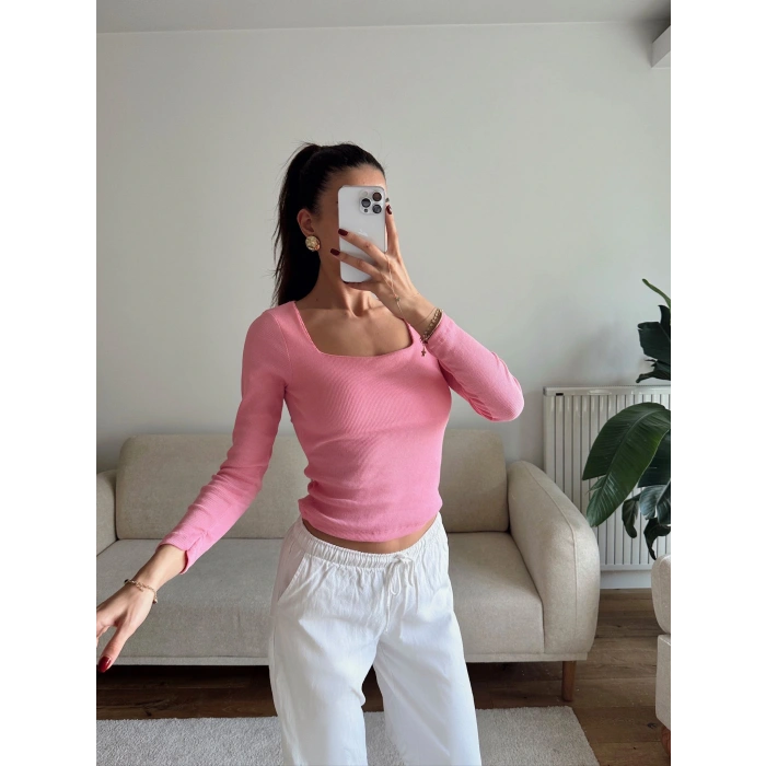 Kaşkorse Kare Yaka Crop - PEMBE
