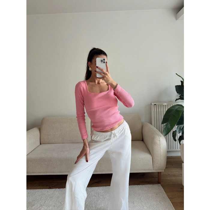 Kaşkorse Kare Yaka Crop - PEMBE