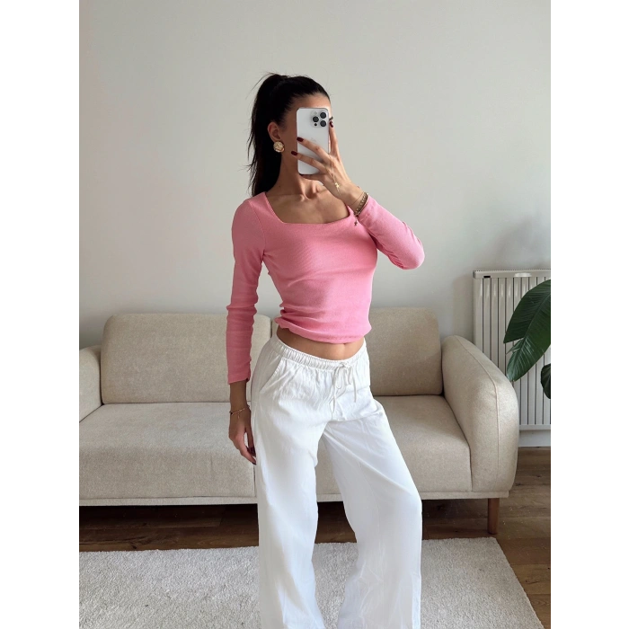Kaşkorse Kare Yaka Crop - PEMBE