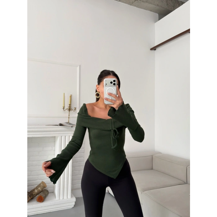 Kaşkorse Madonna Ön Büzgü Bluz - YEŞİL