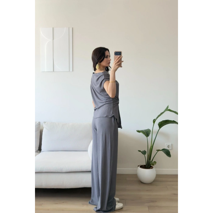 Kayık Yaka Asimetrik Takım - FÜME