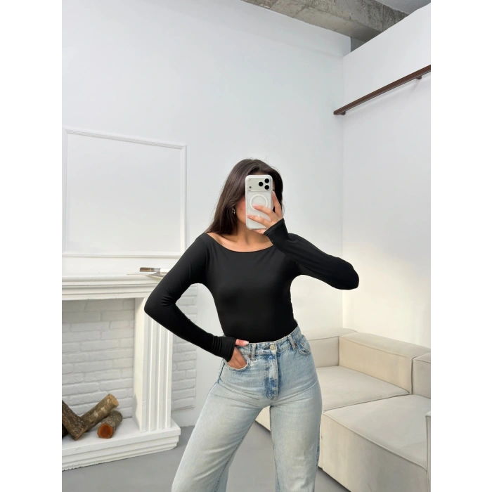 Kayık Yaka Bodysuit - SİYAH