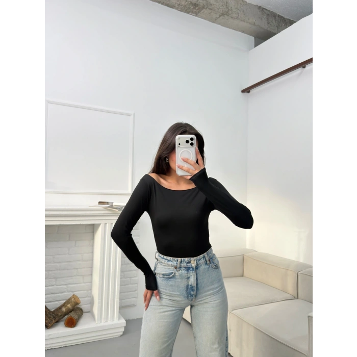 Kayık Yaka Bodysuit - SİYAH