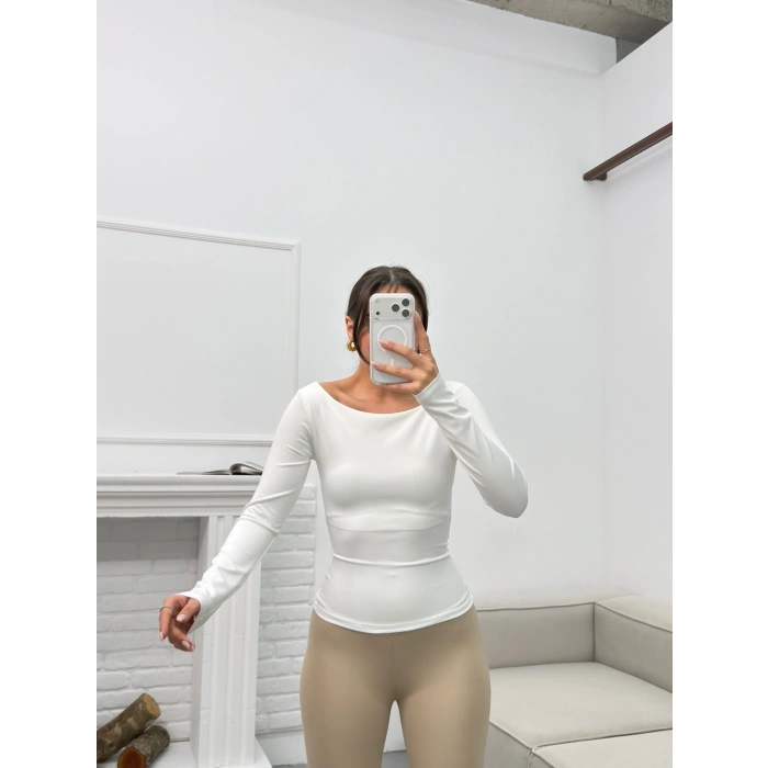 Kayık Yaka Crop - BEYAZ