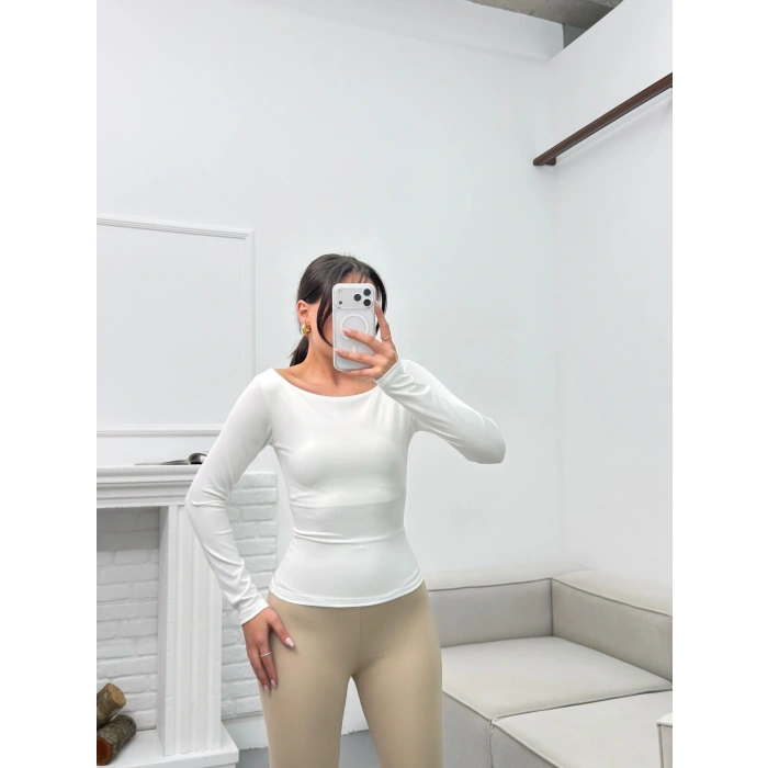 Kayık Yaka Crop - BEYAZ