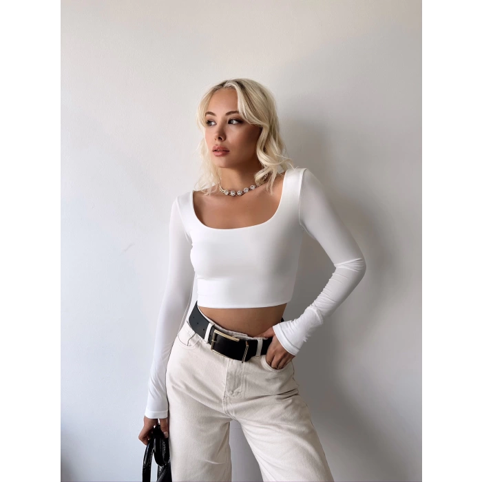 Kayık Yaka Crop Bluz-BEYAZ
