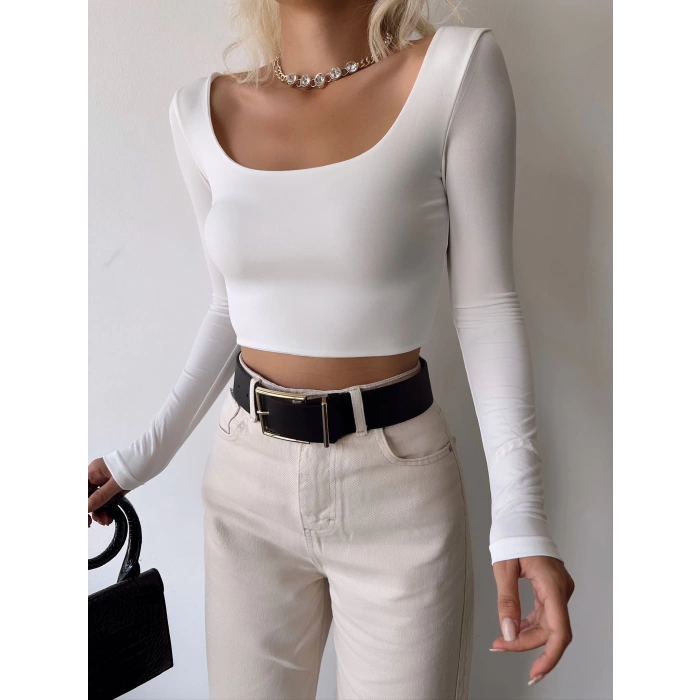Kayık Yaka Crop Bluz-BEYAZ