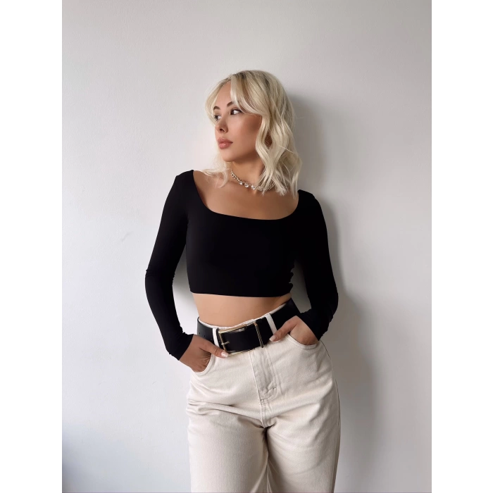 Kayık Yaka Crop Bluz-SİYAH