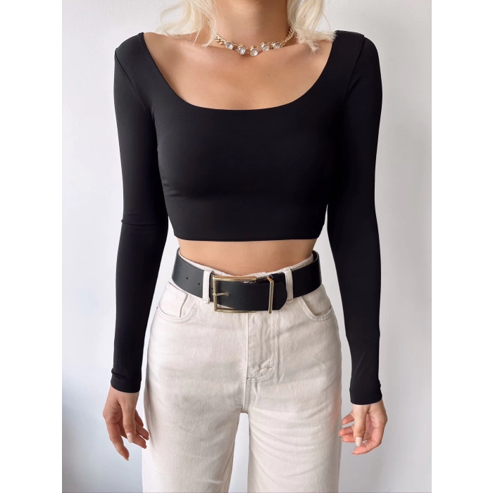 Kayık Yaka Crop Bluz-SİYAH