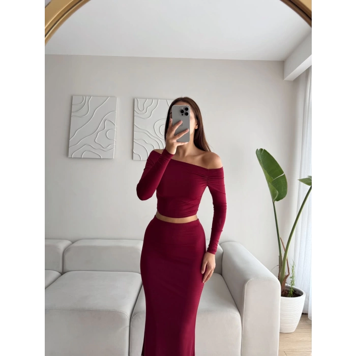 Kayık Yaka Crop & Etekli Takım - BORDO