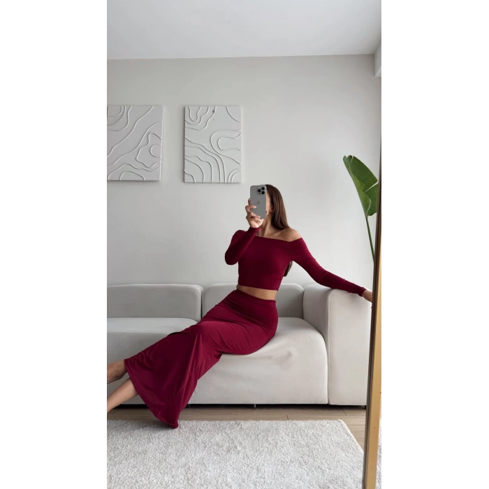 Kayık Yaka Crop & Etekli Takım - BORDO