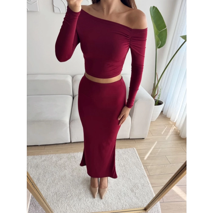 Kayık Yaka Crop & Etekli Takım - BORDO