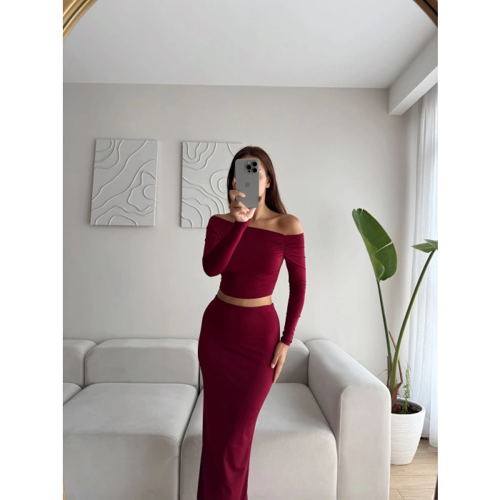 Kayık Yaka Crop & Etekli Takım - BORDO