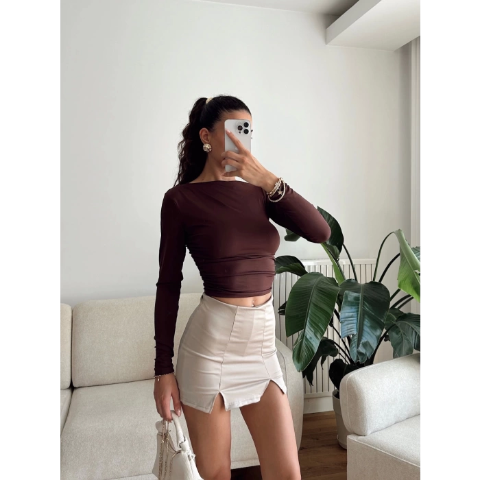 Kayık Yaka Crop - KAHVE
