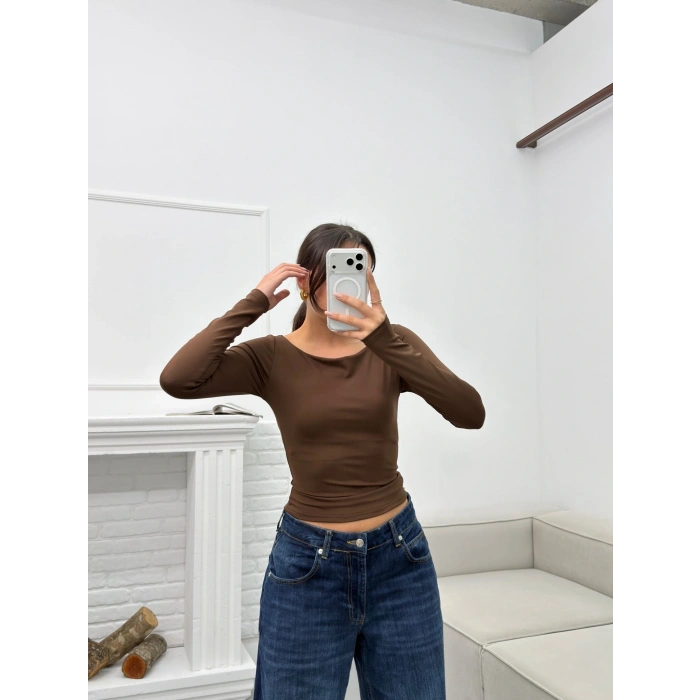 Kayık Yaka Crop - KAHVE