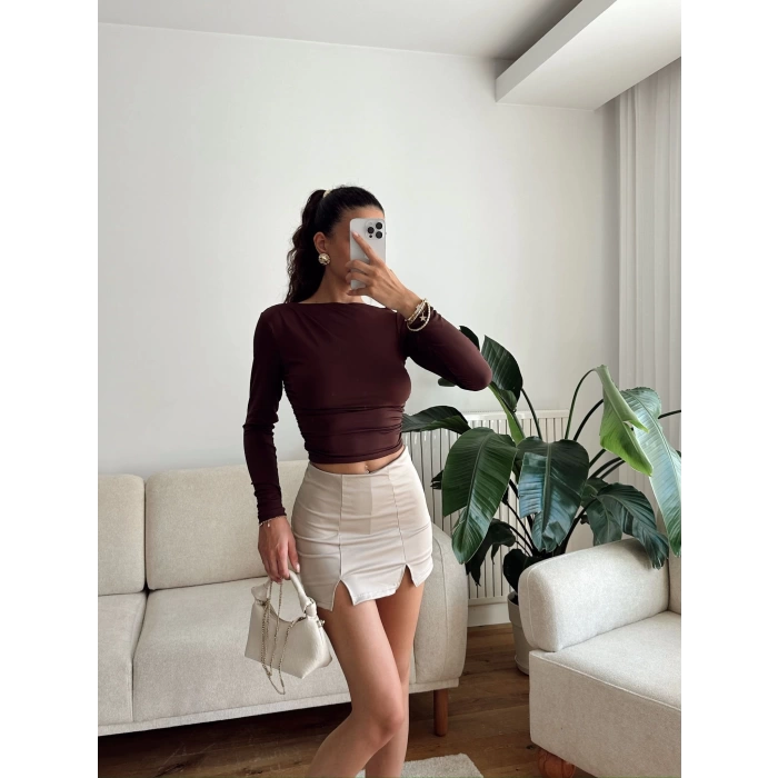 Kayık Yaka Crop - KAHVE