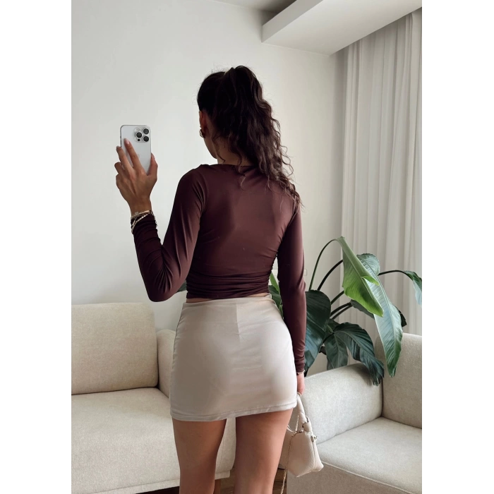 Kayık Yaka Crop - KAHVE