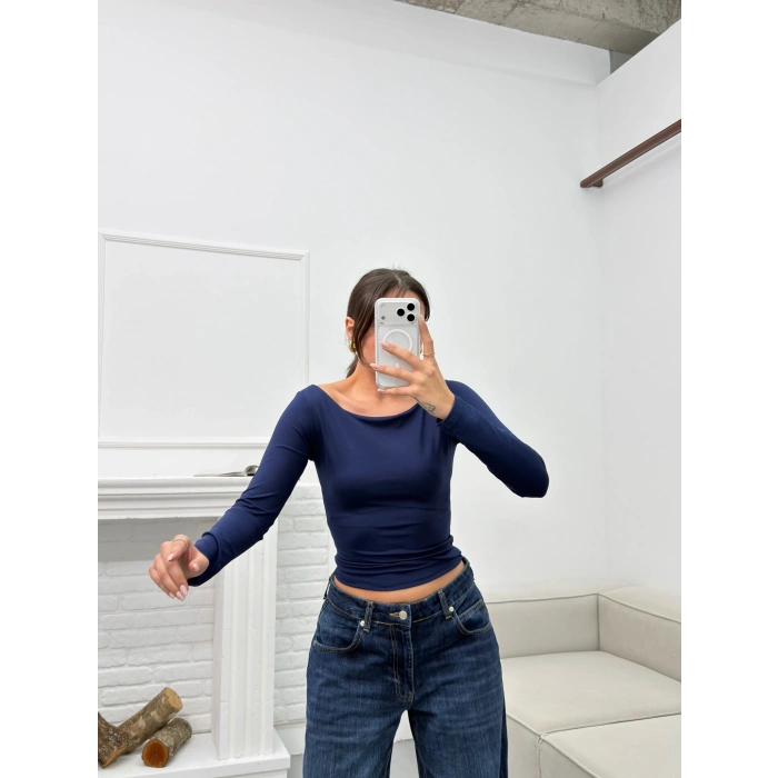 Kayık Yaka Crop - LACİVERT