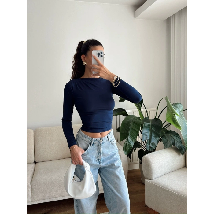 Kayık Yaka Crop - LACİVERT