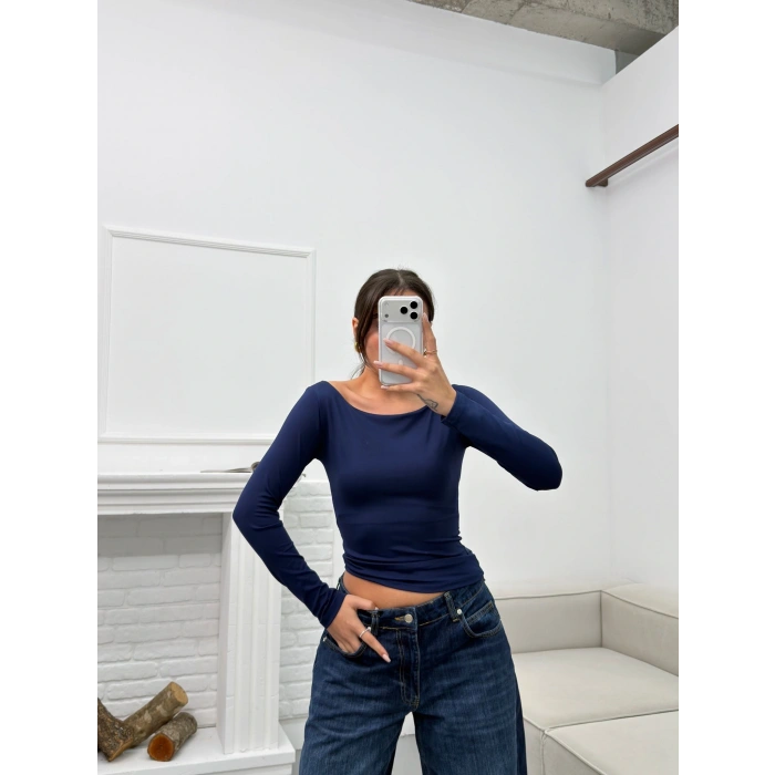 Kayık Yaka Crop - LACİVERT