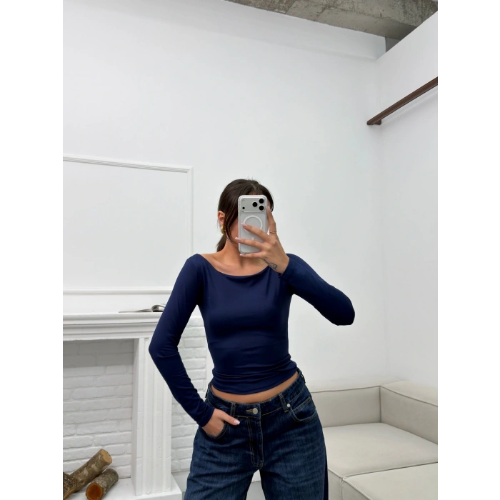 Kayık Yaka Crop - LACİVERT