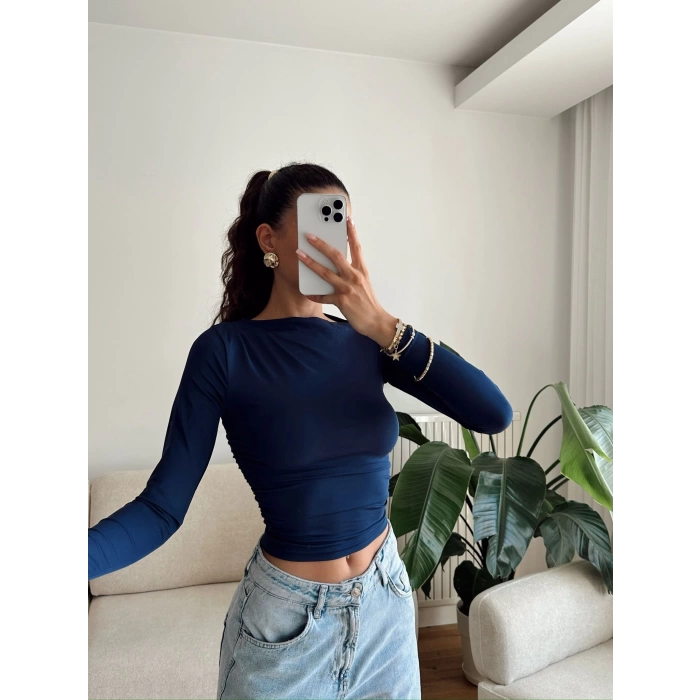 Kayık Yaka Crop - LACİVERT