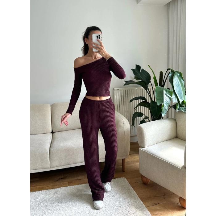 Kayık Yaka Crop & Pantolon Takım - MÜRDÜM
