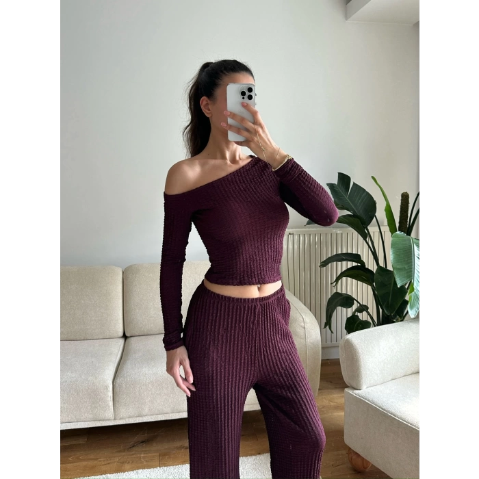 Kayık Yaka Crop & Pantolon Takım - MÜRDÜM