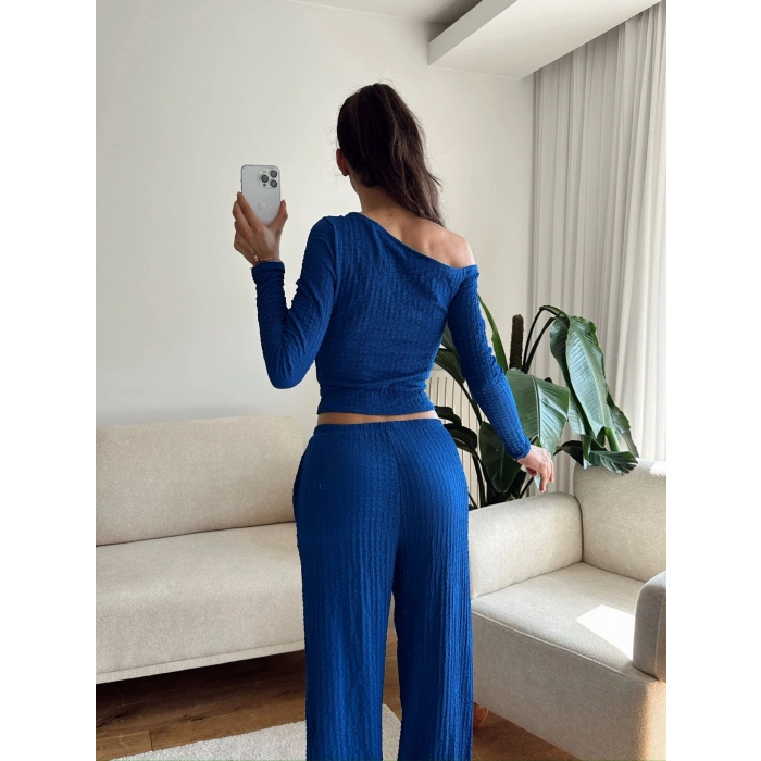Kayık Yaka Crop & Pantolon Takım - SAKS MAVİSİ
