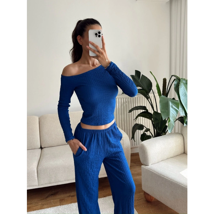 Kayık Yaka Crop & Pantolon Takım - SAKS MAVİSİ