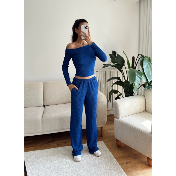 Kayık Yaka Crop & Pantolon Takım - SAKS MAVİSİ