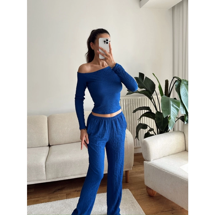 Kayık Yaka Crop & Pantolon Takım - SAKS MAVİSİ