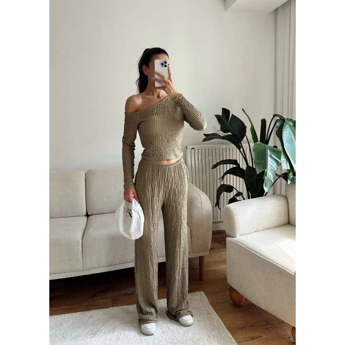 Kayık Yaka Crop & Pantolon Takım - YEŞİL