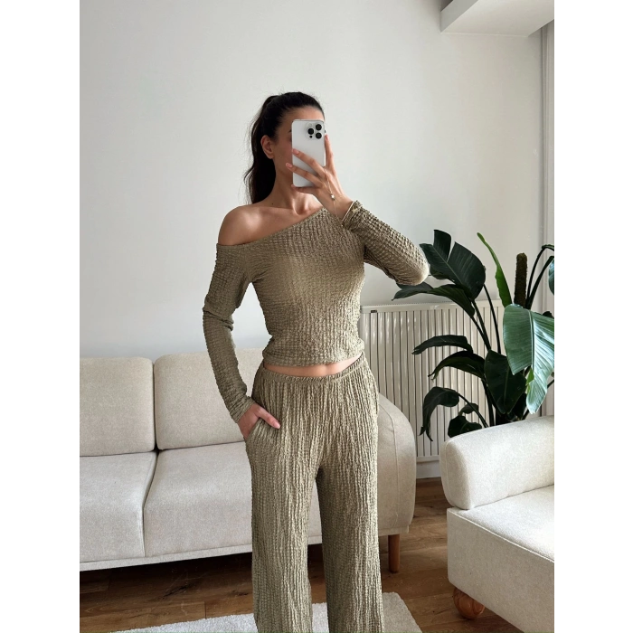 Kayık Yaka Crop & Pantolon Takım - YEŞİL