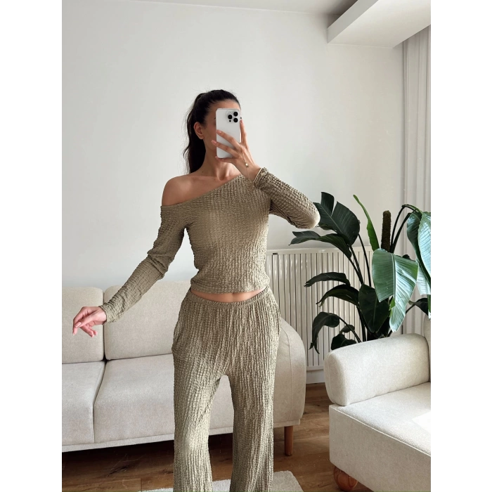Kayık Yaka Crop & Pantolon Takım - YEŞİL