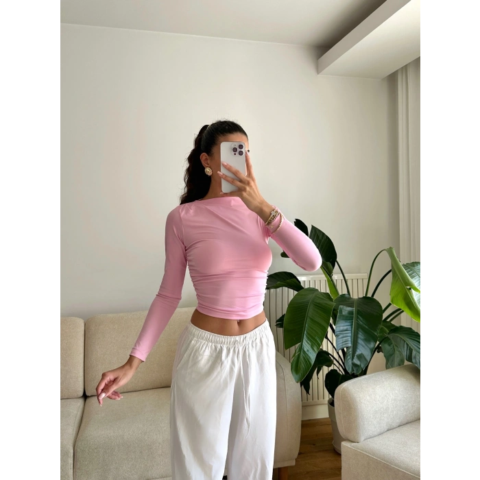 Kayık Yaka Crop - PEMBE